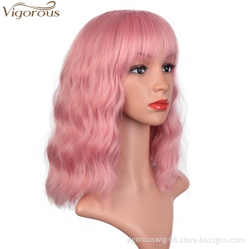 Vigorous Synthetic Short Cosplay Wigs for Black Women 14 Inches Wavy Pink Color With Flat Bangs Heat Resistant Fiber Hair